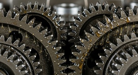 Close-up of Interlocking Gears with Oil Drops, Mechanical Engineering Detail