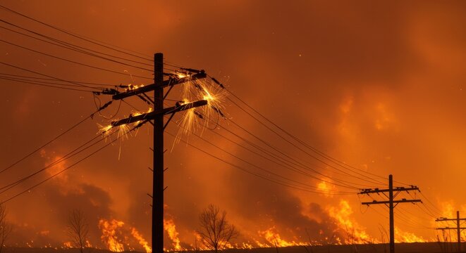 Electrical sparks fly from power lines amidst raging wildfire inferno
