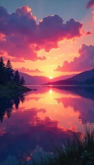 A breathtaking sunrise paints the sky in vibrant hues of pink, orange, and gold, reflecting beautifully on a calm, serene lake The tranquil scene evokes a sense of peace and wonder , horizon, colors