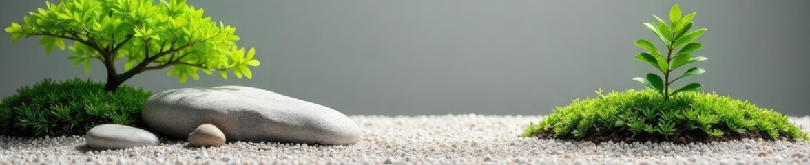 Serene minimalist zen garden scene featuring carefully raked gravel, smooth stones, and pruned miniature plants A perfect representation of peace and tranquility , contemplation, design, therapy
