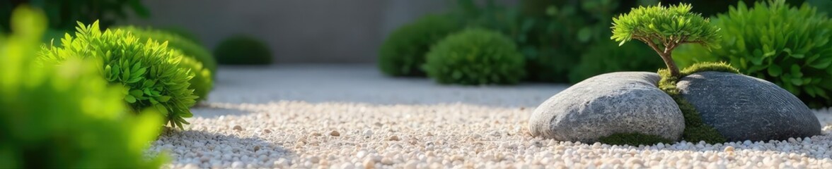 Serene minimalist zen garden scene featuring carefully raked gravel, smooth stones, and pruned miniature plants A perfect representation of peace and tranquility , quiet, stones