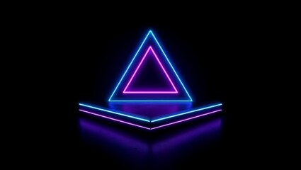 Futuristic neon triangle display with vibrant blue and pink glowing outlines on a black reflective surface perfect for modern tech and design concepts