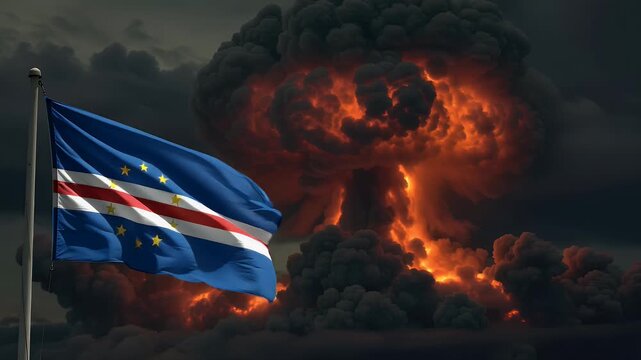 Animation of the Cape Verde flag waving dramatically. In the background, a massive nuclear explosion creates a dark, apocalyptic, and destructive scene. Concept of war, crisis, or conflict.