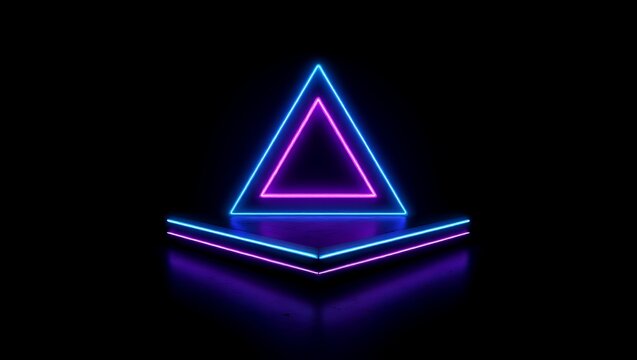 Futuristic neon triangle display with vibrant blue and pink glowing outlines on a black reflective surface perfect for modern tech and design concepts