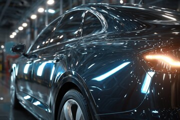 A sleek black car is parked in a contemporary workshop, reflecting bright lights and showcasing its polished surface