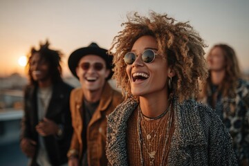 Group of friends enjoying their time together on a rooftop, laughing and celebrating as the sun sets behind the city skyline