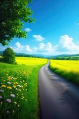 Serene countryside vista unfolds alongside a quiet road, wildflowers blooming in the ditch, a vibrant green field stretching to the horizon under a bright blue sky , rural, spring