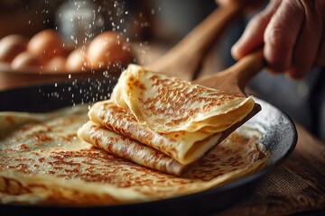 A skilled cook lifts freshly made crepes from a skillet, adding a sprinkle of flour in a cozy kitchen filled with eggs nearby