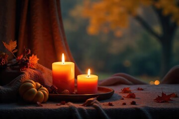 Cozy autumn evening scene featuring flickering candlelight radiating warmth and a soft glow Perfect for home, comfort, relaxation, and hygge themes , intimate, shadow, ambience