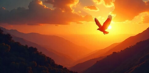 Silhouette of a bird soaring high above a dramatic, sun-drenched landscape, embodying freedom and spiritual transcendence Perfect for themes of hope, faith, and journey , silhouette, shadow, faith