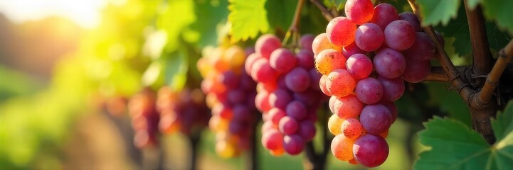 Sun-drenched bunches of ripe winemaker grapes hanging heavy on the vine, ready for harvest Vibrant colors and lush foliage showcase the fruit's perfection , farming, natural, fall