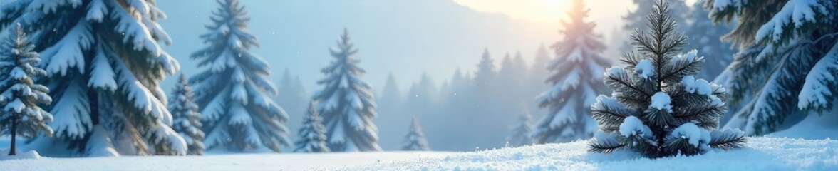 A picturesque winter scene featuring a snow-laden pine tree, evoking the serene beauty and crisp air of a classic pine-tree weather day Perfect for holiday or winter-themed projects , green, blue