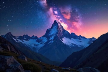 Majestic mountain peaks pierce a breathtaking night sky, filled with a vibrant tapestry of stars and the milky way  Ideal for astronomy, nature, and travel themes , stone, telescope