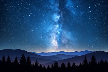 Majestic Milky Way Galaxy Over Silhouetted Mountain Ranges and Pine Forest at Night sky stars