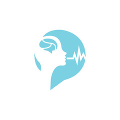 Conceptual logo of mind and speech, a human profile with brain and voice wave.