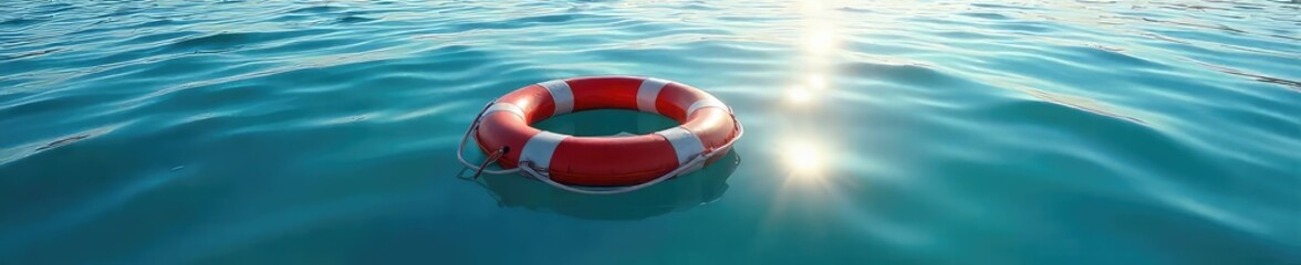 A solitary life preserver floats serenely on calm, blue water, symbolizing safety, hope, and survival  The sun glints off its surface, creating a peaceful, yet powerful image ,  solitude,  horizon