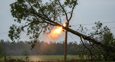 Electrical arcing from fallen tree branch on power lines with sparks flying