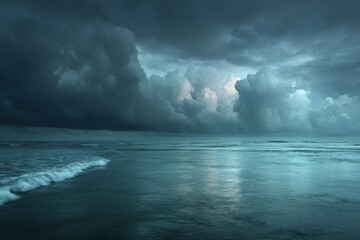 Fototapeta premium Dark, swirling clouds loom over the calm ocean water as evening approaches, reflecting shades of blue and gray across the surface