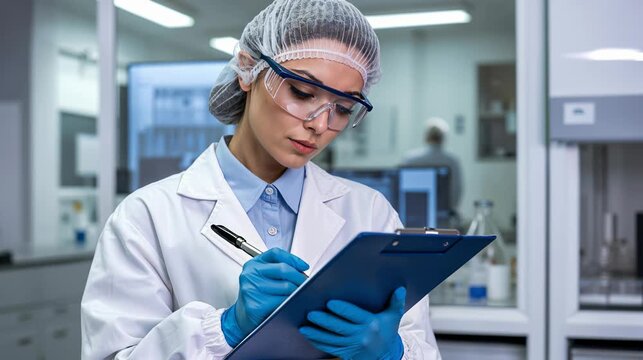 Female scientist in protective gear taking notes on clipboard in modern laboratory environment. in modern laboratory environment.