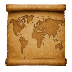 Ancient Parchment Scroll Unfurled Revealing a Detailed World Map Engraved with Earth's Continents and Oceans