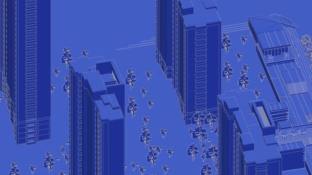 Animation of a Generic Apartment Complex, Seamless Looped Animation, 3d blueprint linework