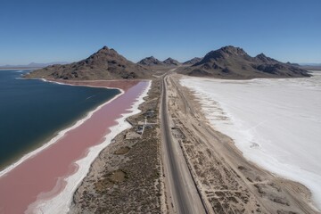High-angle view of a pink lake bordering a white salt flat, with a road running through the arid landscape