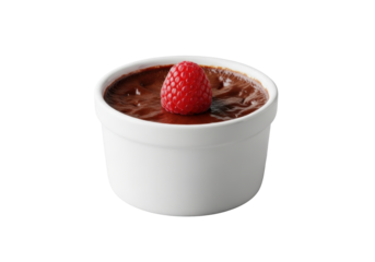 transparent ceramic ramekin with dark chocolate pot de crème, velvety texture, topped with a vibrant red raspberry on a seamless transparent background. Luxurious dessert concept