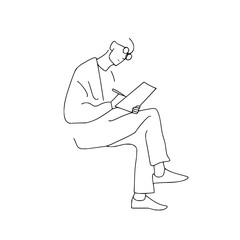 Vector line drawing of a seated person with glasses writing on a notepad in a minimalist style art work minimilist