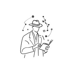 Vector man in hat reading a book with constellation and stars in minimalist black and white line art style minimilist