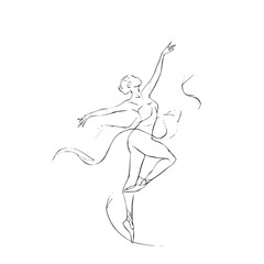Vector elegant ballerina in expressive line art pose with flowing ribbons and graceful movement on white background minimilist