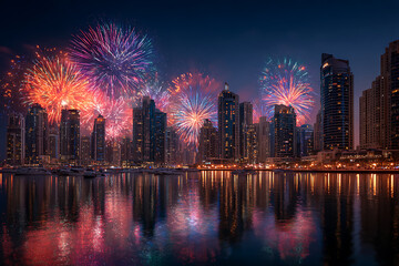 Fototapeta premium City skyline fireworks celebration new year's eve cityscape dubai marina night reflection colorful sky
