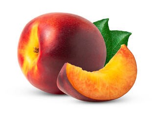Nectarine peach fruit and slice isolated with green leaves.