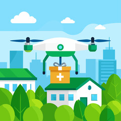 A modern drone delivering a medical kit with a cross symbol, flying over houses and trees in a city.