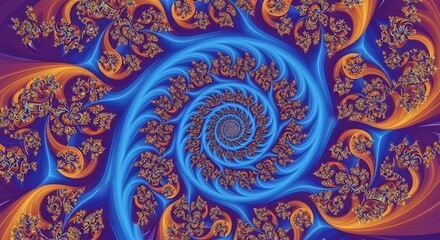 Vibrant blue and orange fractal spiral pattern with intricate details creating a mesmerizing and hypnotic visual effect isolated on transparent background