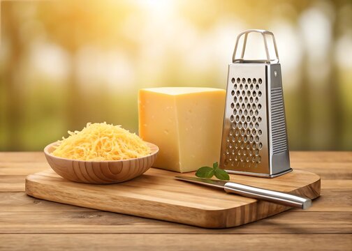 Grated Cheese in Bowl with Block of Cheese and Grater on Wood food dairy