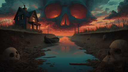 Skull-shaped storm over house and river, ideal for horror, death symbolism, thriller covers and dark surreal storytelling.
