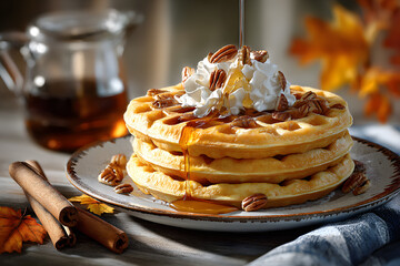 Stack of waffles with syrup pouring over pecans