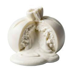 Pristine fresh burrata, precisely cut open, luscious stracciatella and thick cream spilling, decadent pool, smooth glossy texture, isolated on transparent, extreme close-up macro, culinary delight