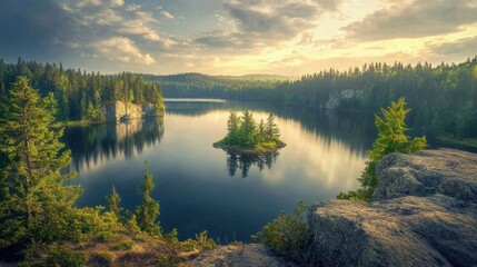 Fototapeta premium Mountain lake at sunset with island reflection 