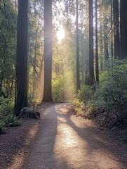 high detail visual of pathway in the middle of the forest with sun shining through trees