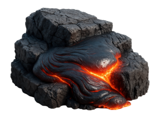 Volcanic rock formation with glowing lava flow emerging from between dark cracked stones on transparent background.