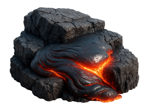Volcanic rock formation with glowing lava flow emerging from between dark cracked stones on transparent background.