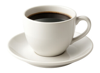 White ceramic cup filled with black coffee sits on a matching saucer on transparent background.