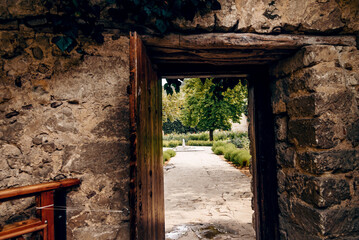Entrance door small residential house in neighborhood, exterior building outside