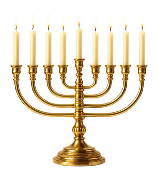 Elegant gold menorah with nine lit candles on transparent background.