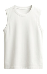 Sleeveless white cotton tank top with a round neckline on transparent background.