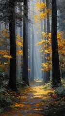 Obraz premium Sunlight streams through autumn forest trees illuminating a misty path