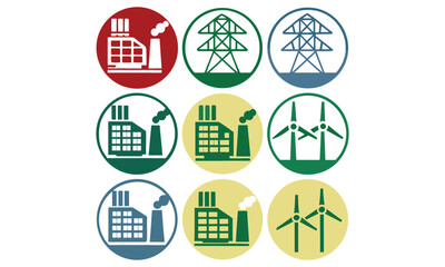 Industrial and Energy Icons Factory, Power Plant, Wind Turbine, and Electricity Vector Set