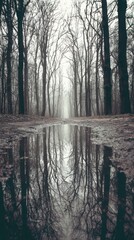 Reflections of bare trees in a forest puddle under a misty sunlight