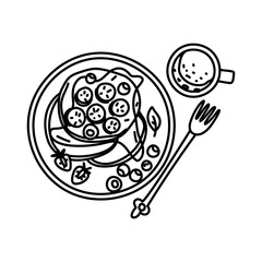 Doodle breakfast with coffee on plate. Black and white outline illustration. Pancakes in syrup with pieces of bananas, strawberries, and blueberries on a white plate. Serving fork, coloring breakfast